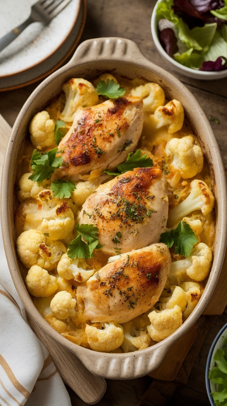 A golden chicken and cauliflower casserole topped with parsley, served in a rustic dish on a wooden table.